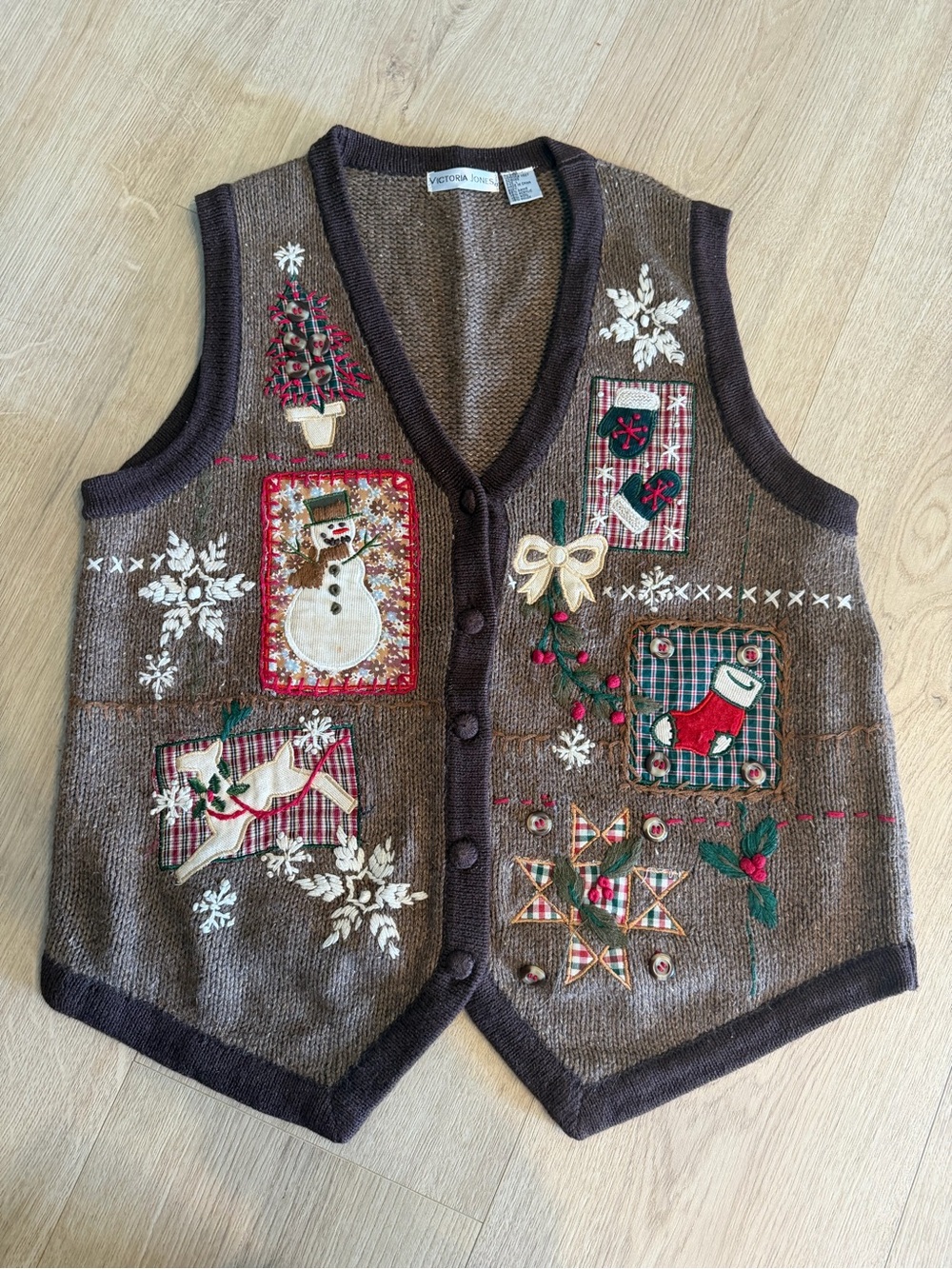 Christmas Snowman Embroidered V-Neck Brown Button Vest size Large Wool Blend